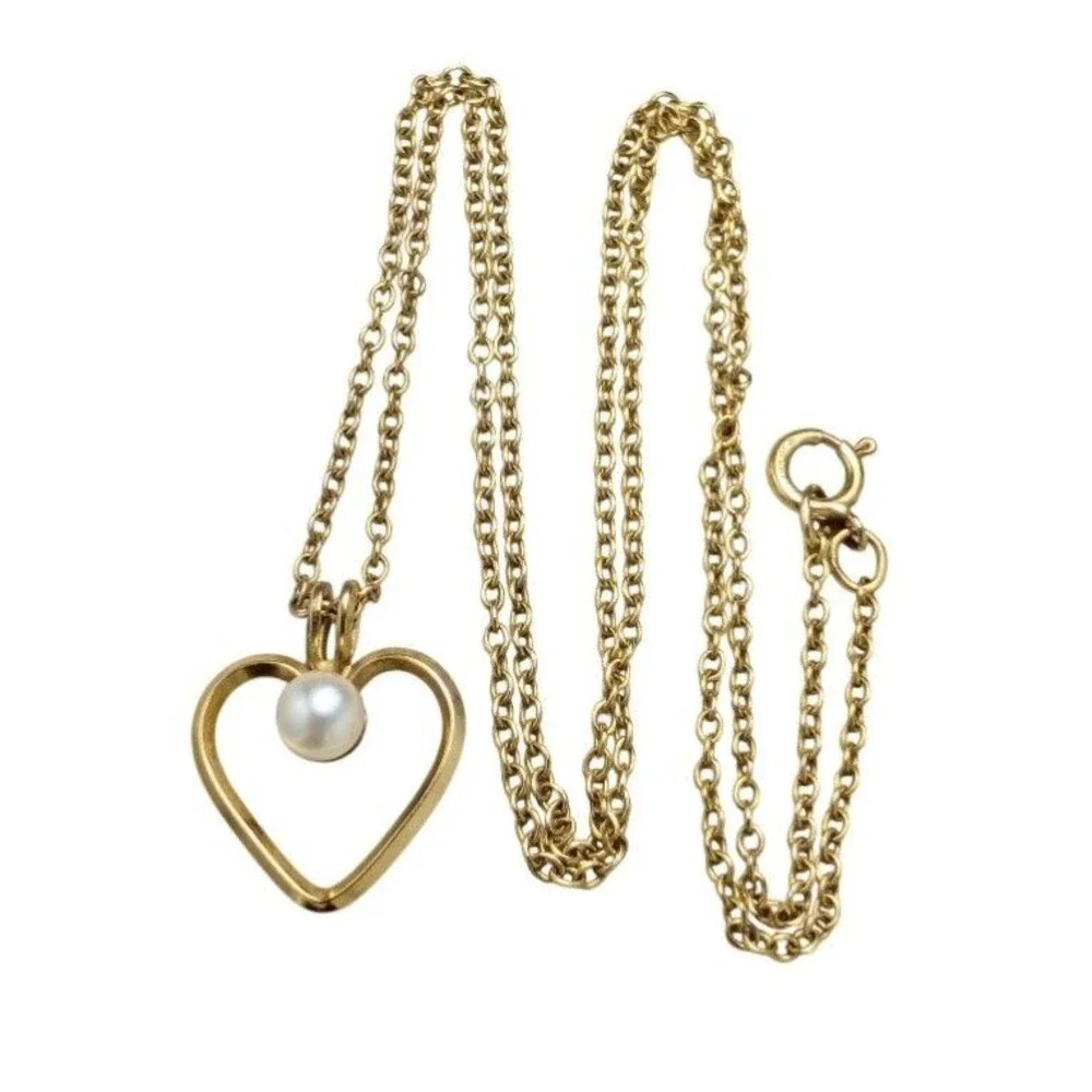 Vintage 14k GF Gold Filled Cultured Pearl Heart Pendant Necklace